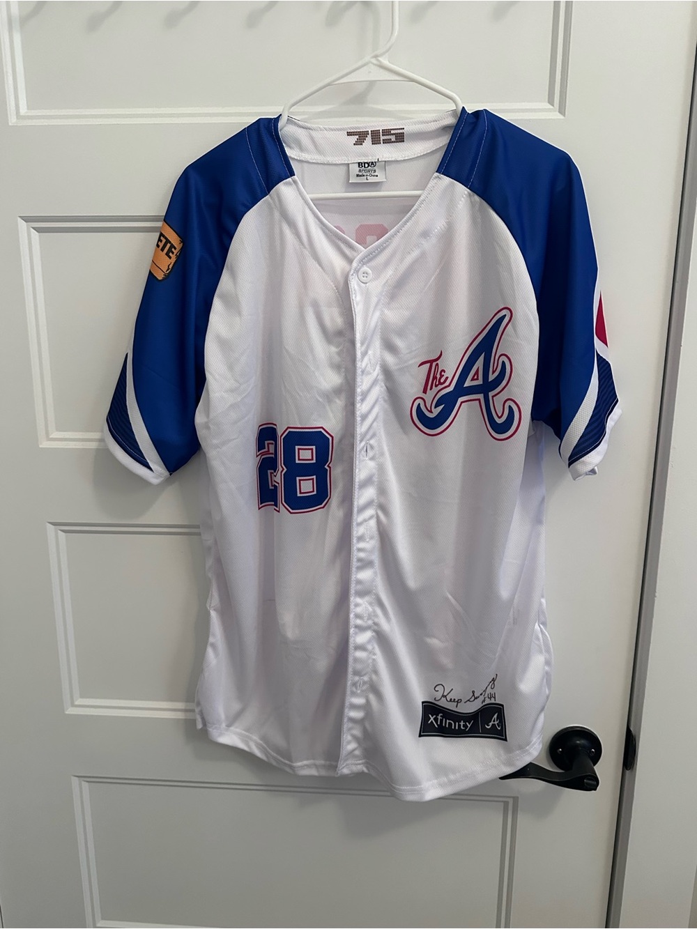 Atlanta A Men's White and Royal Blue Baseball Jersey - #28
